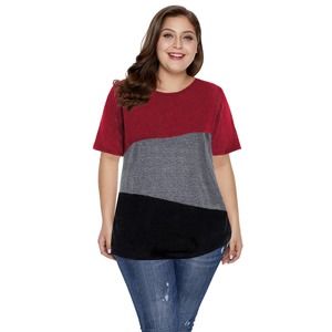 RED GRAY BLACK SOFT COLOR BLOCK CREW NECK TOP SIZE 1X 14-16